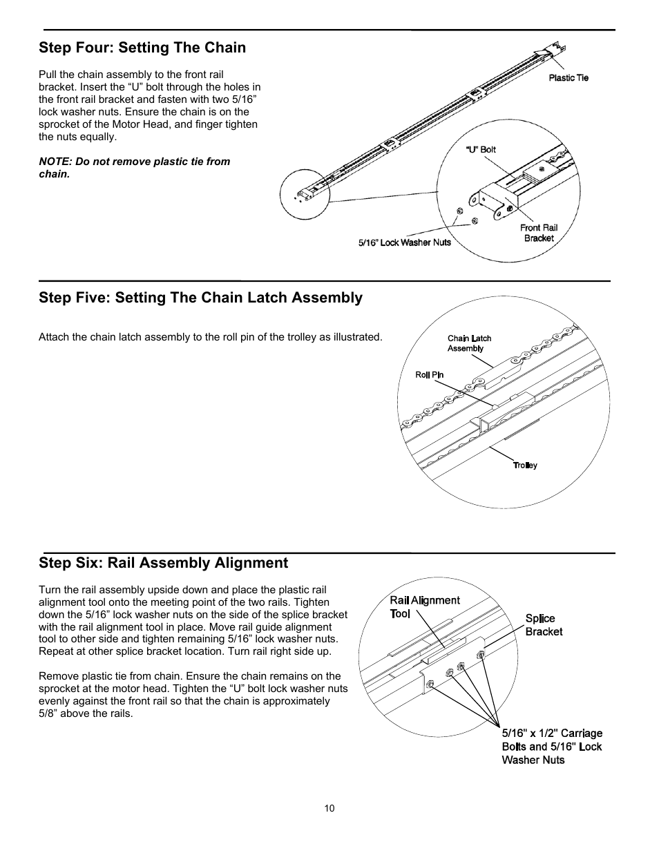 Step four: setting the chain, Step five: setting the chain latch assembly, Step six: rail assembly alignment | Wayne 3018 User Manual | Page 10 / 40