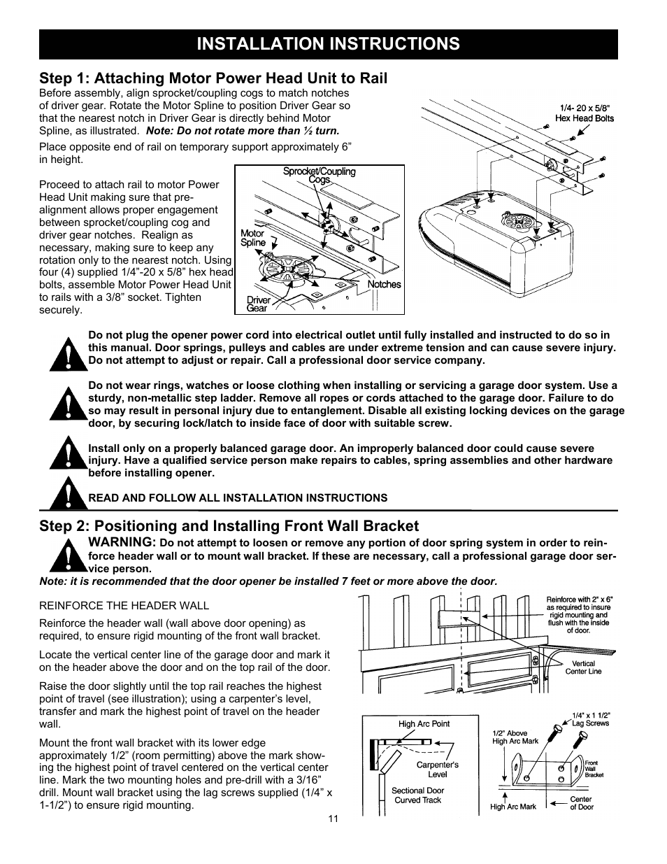 Installation instructions, Step 1: attaching motor power head unit to rail, Warning | Wayne 3018 User Manual | Page 11 / 40