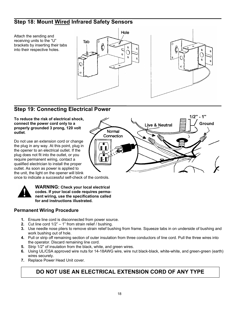 Step 18: mount wired infrared safety sensors, Step 19: connecting electrical power | Wayne 3018 User Manual | Page 18 / 40