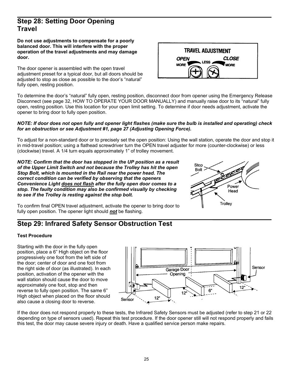 Step 28: setting door opening travel, Step 29: infrared safety sensor obstruction test | Wayne 3018 User Manual | Page 25 / 40