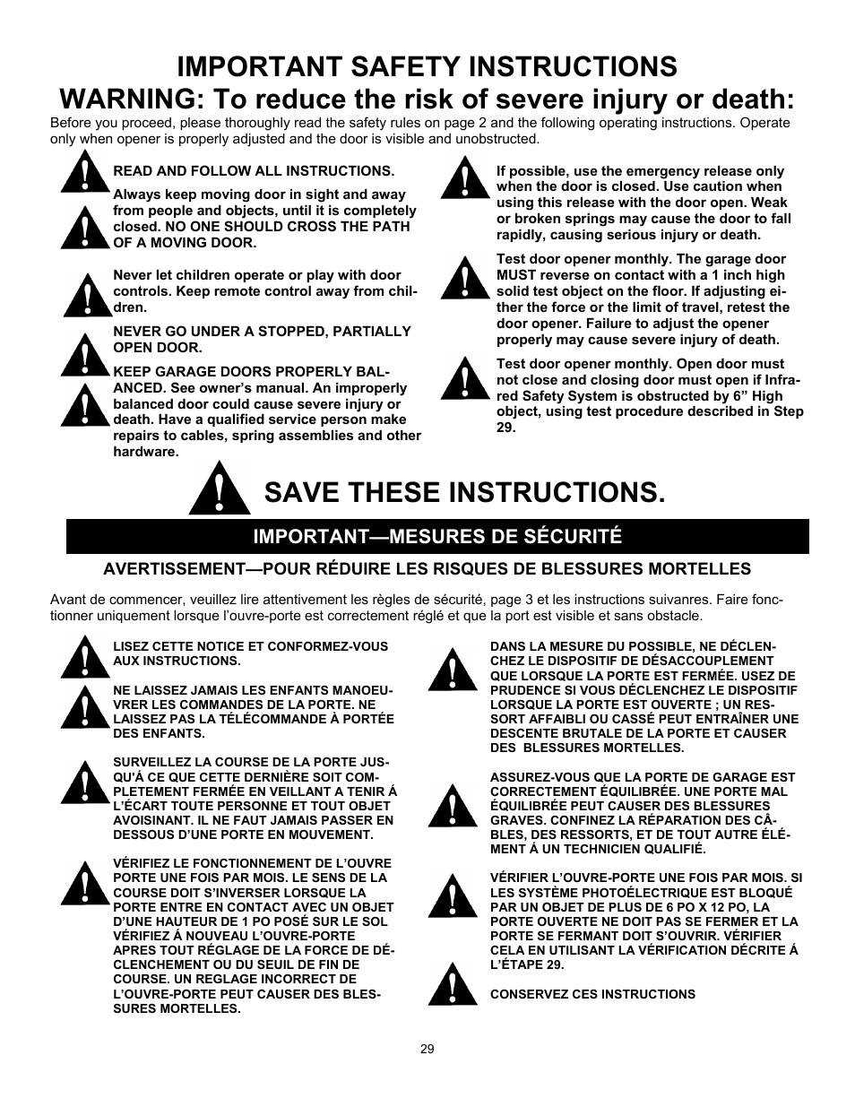 Save these instructions, Important—mesures de sécurité | Wayne 3018 User Manual | Page 29 / 40