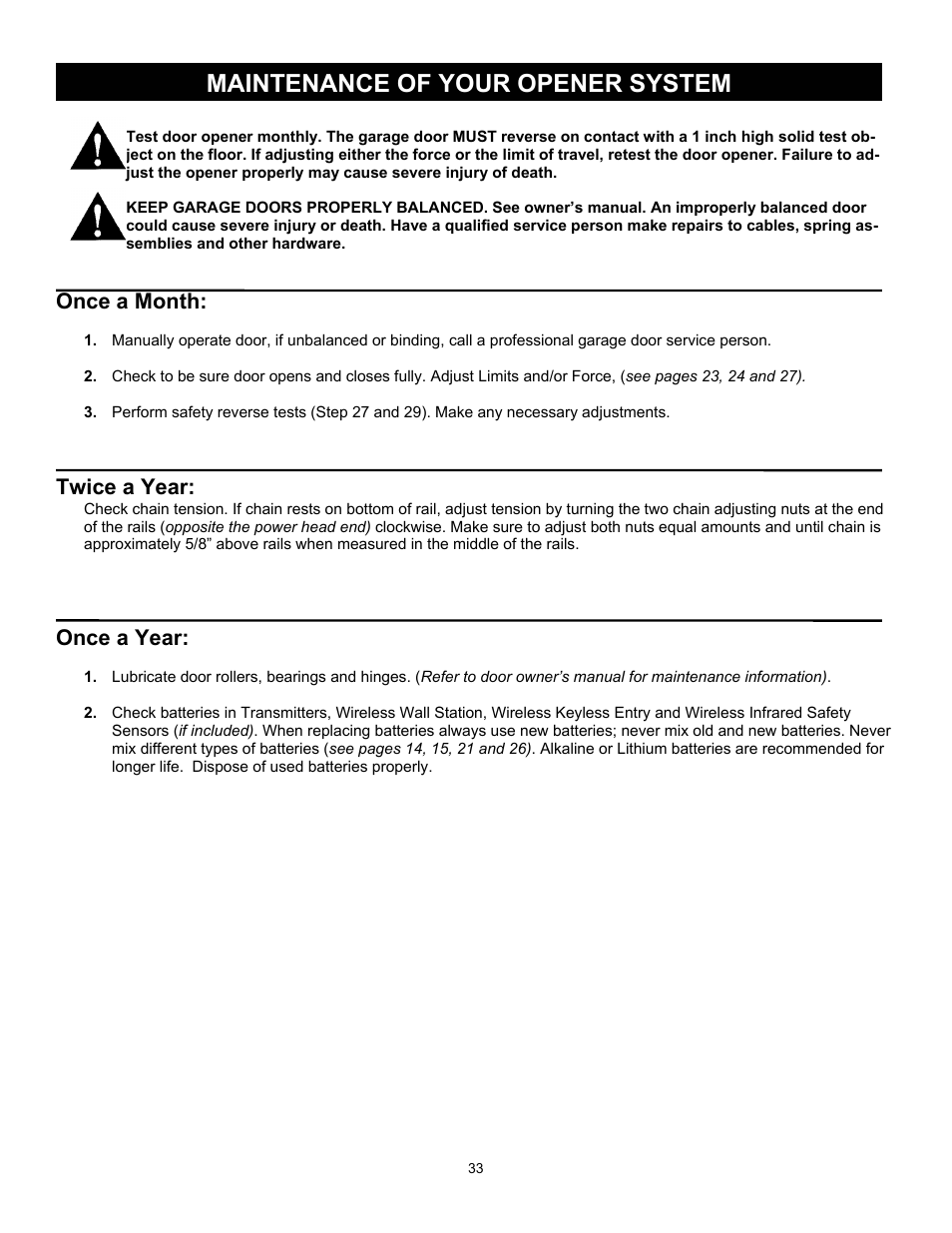 Maintenance of your opener system, Once a month, Twice a year | Once a year | Wayne 3018 User Manual | Page 33 / 40