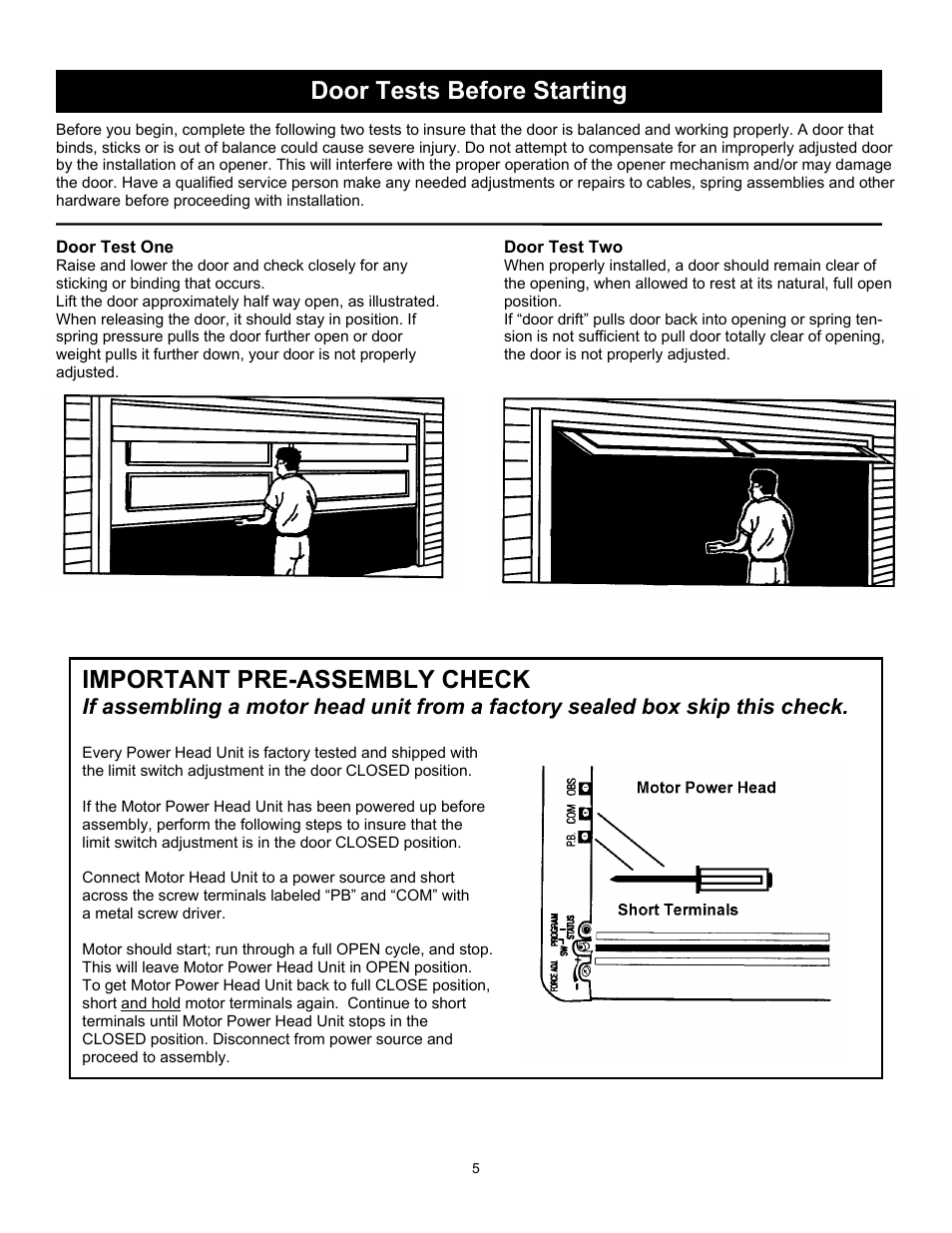 Important pre-assembly check, Door tests before starting | Wayne 3018 User Manual | Page 5 / 40