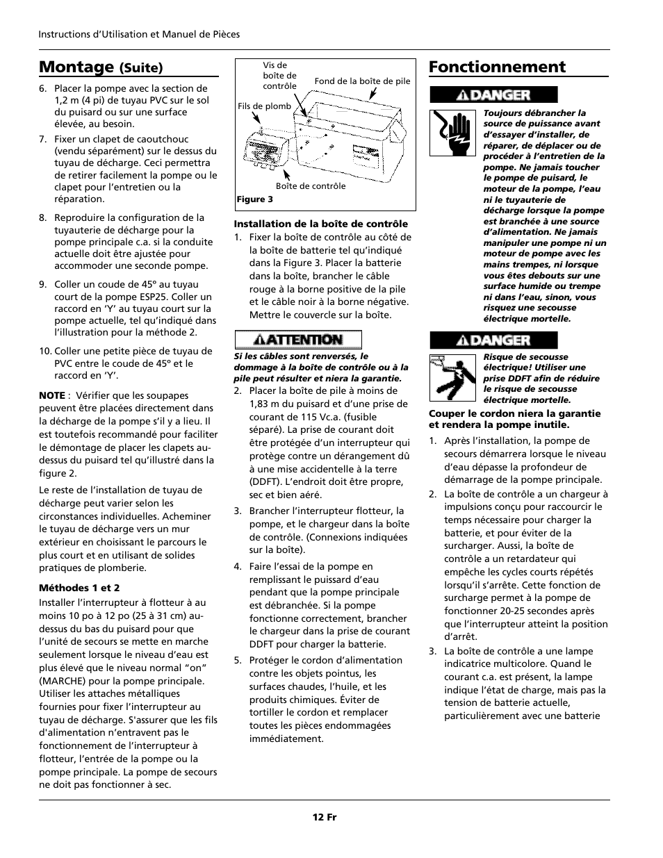 Fonctionnement, Montage, Suite) | Wayne 352205-001 User Manual | Page 12 / 24