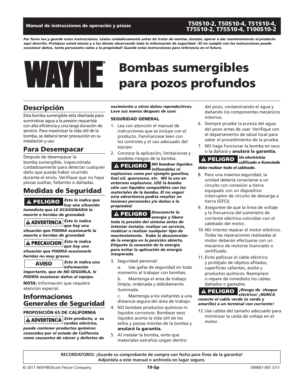 Bombas sumergibles para pozos profundos, Descripción, Para desempacar | Medidas de seguridad, Informaciones generales de seguridad | Wayne SUBMERSIBLE PUMPS T75S10-2 User Manual | Page 19 / 28