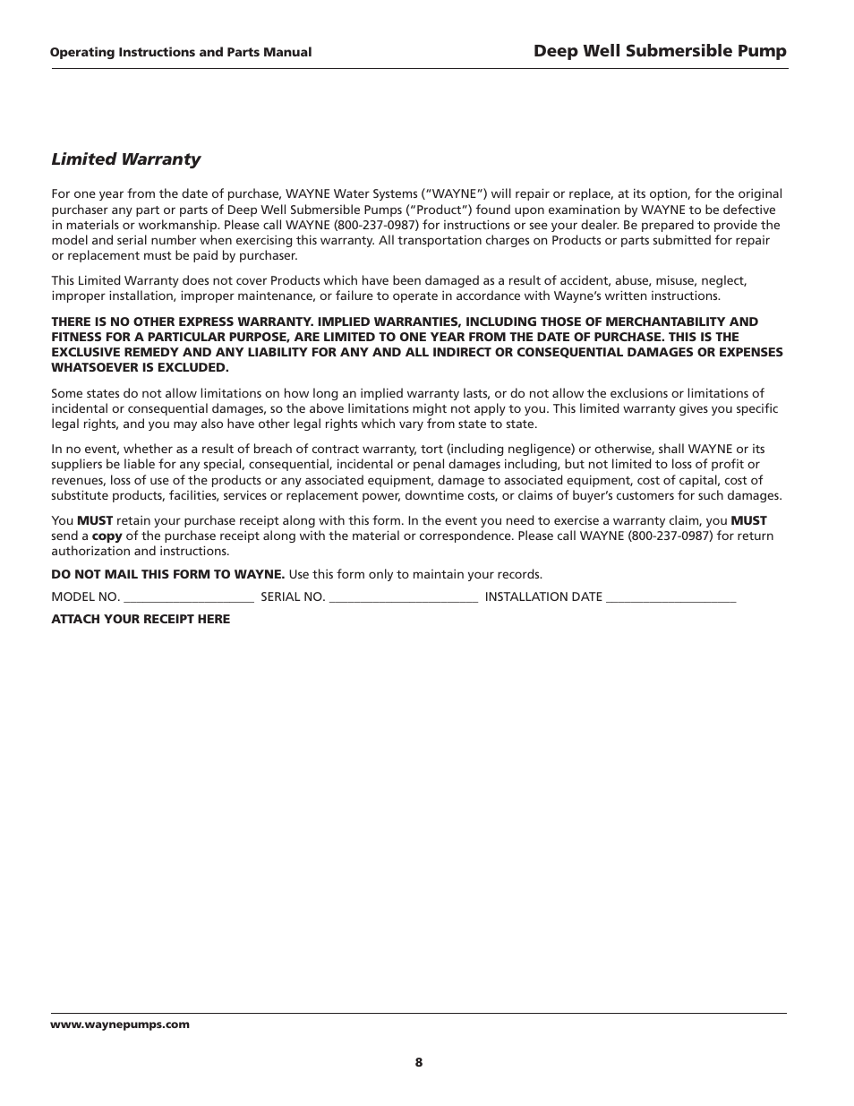 Limited warranty, Deep well submersible pump | Wayne SUBMERSIBLE PUMPS T75S10-2 User Manual | Page 8 / 28