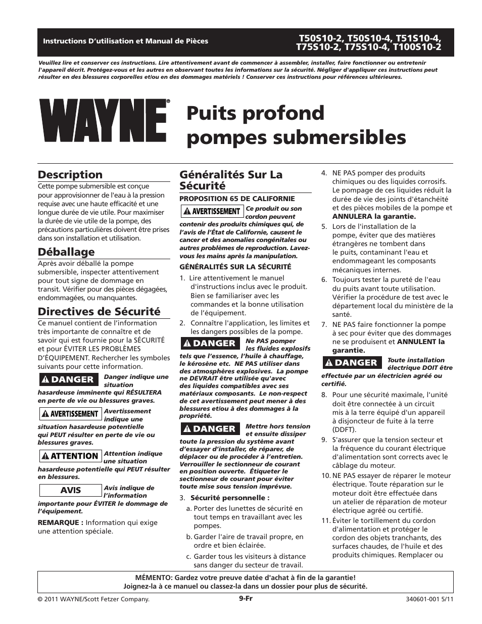 Puits profond pompes submersibles, Généralités sur la sécurité, Description | Déballage, Directives de sécurité | Wayne SUBMERSIBLE PUMPS T75S10-2 User Manual | Page 9 / 28