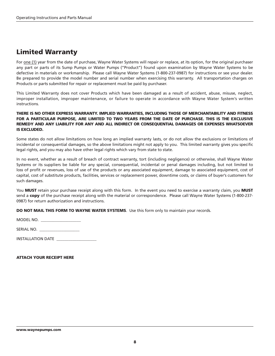 Limited warranty | Wayne 332200-001 User Manual | Page 8 / 8