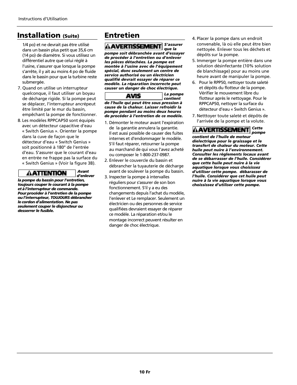Installation, Entretien | Wayne RPPCAP50 User Manual | Page 10 / 20