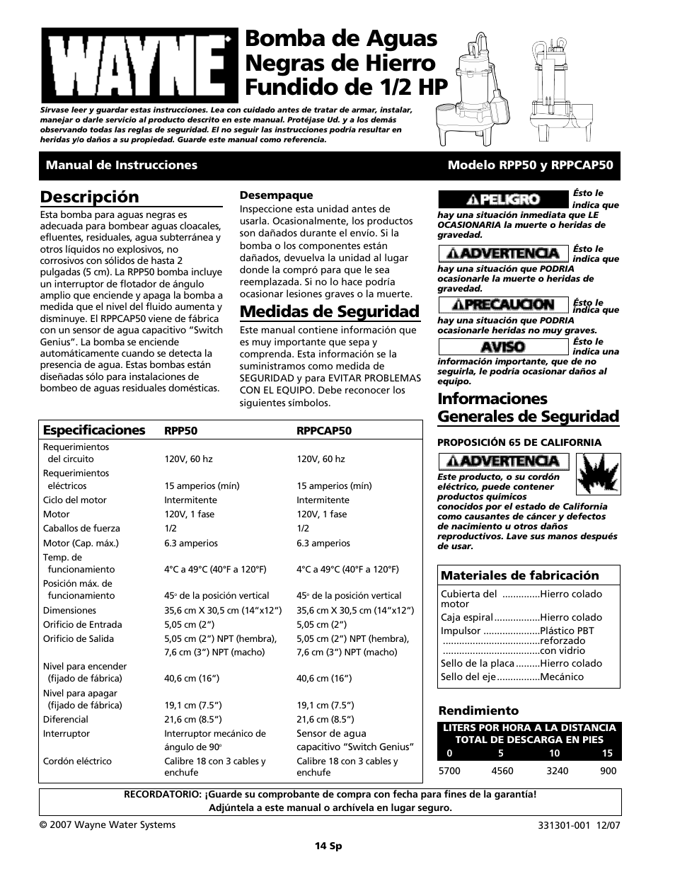 Bomba de aguas negras de hierro fundido de 1/2 hp, Descripción, Medidas de seguridad | Informaciones generales de seguridad, Especificaciones, Manual de instrucciones modelo rpp50 y rppcap50, Materiales de fabricación, Rendimiento | Wayne RPPCAP50 User Manual | Page 14 / 20