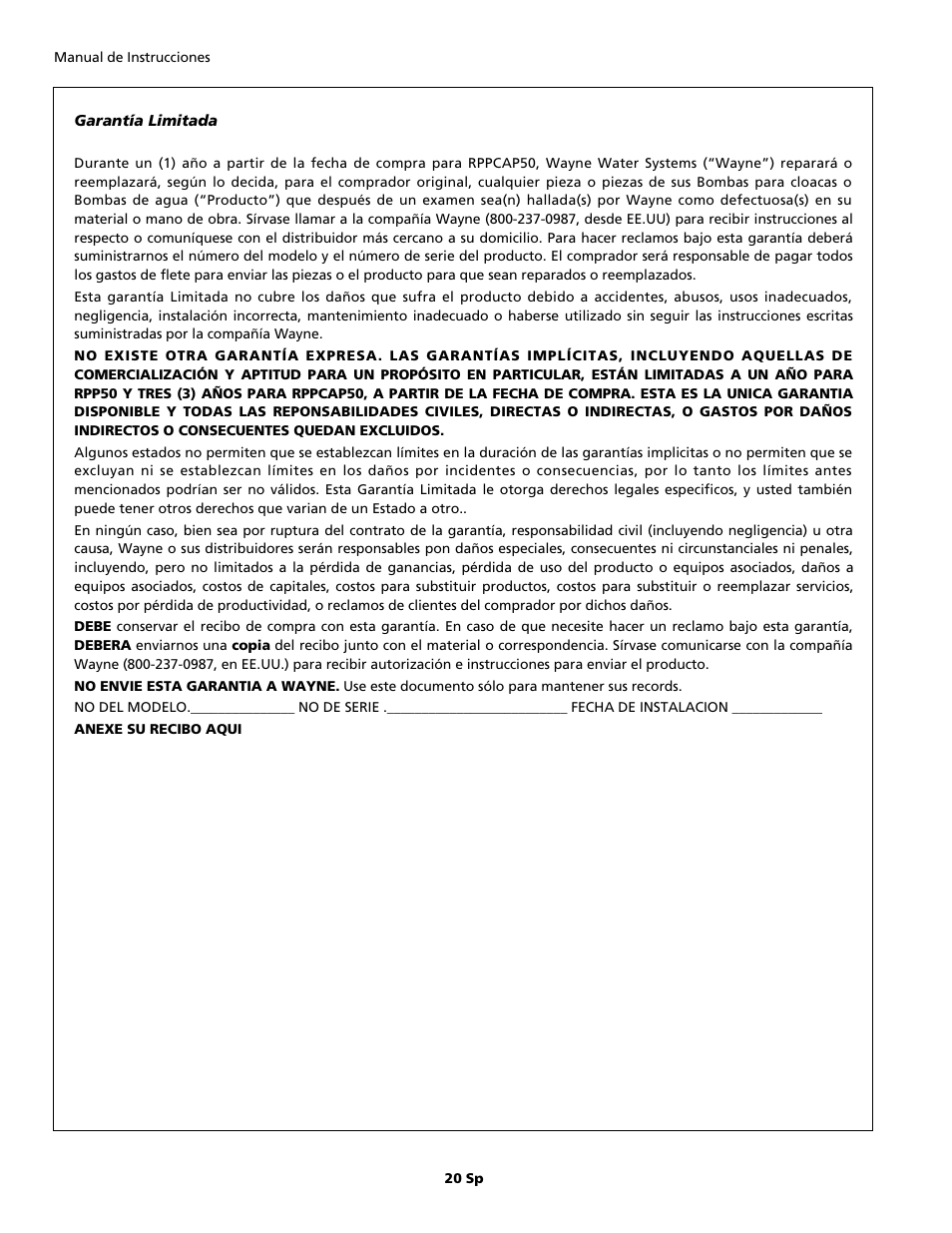 Wayne RPPCAP50 User Manual | Page 20 / 20