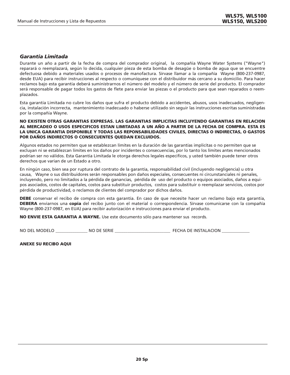 Wayne WLS75 User Manual | Page 20 / 20