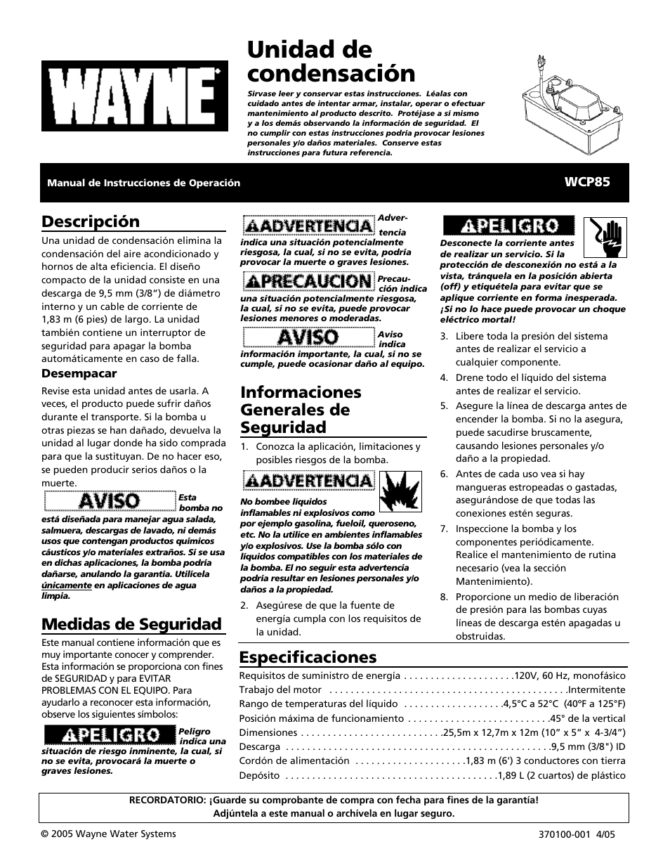 Unidad de condensación, Informaciones generales de seguridad, Descripción | Medidas de seguridad, Especificaciones, Wcp85 | Wayne WCP85 User Manual | Page 7 / 12