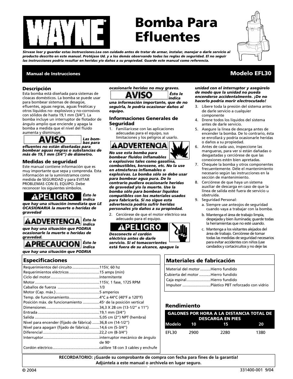 Bomba para efluentes, Modelo efl30, Especificaciones | Materiales de fabricación, Rendimiento | Wayne EFL30 User Manual | Page 9 / 12