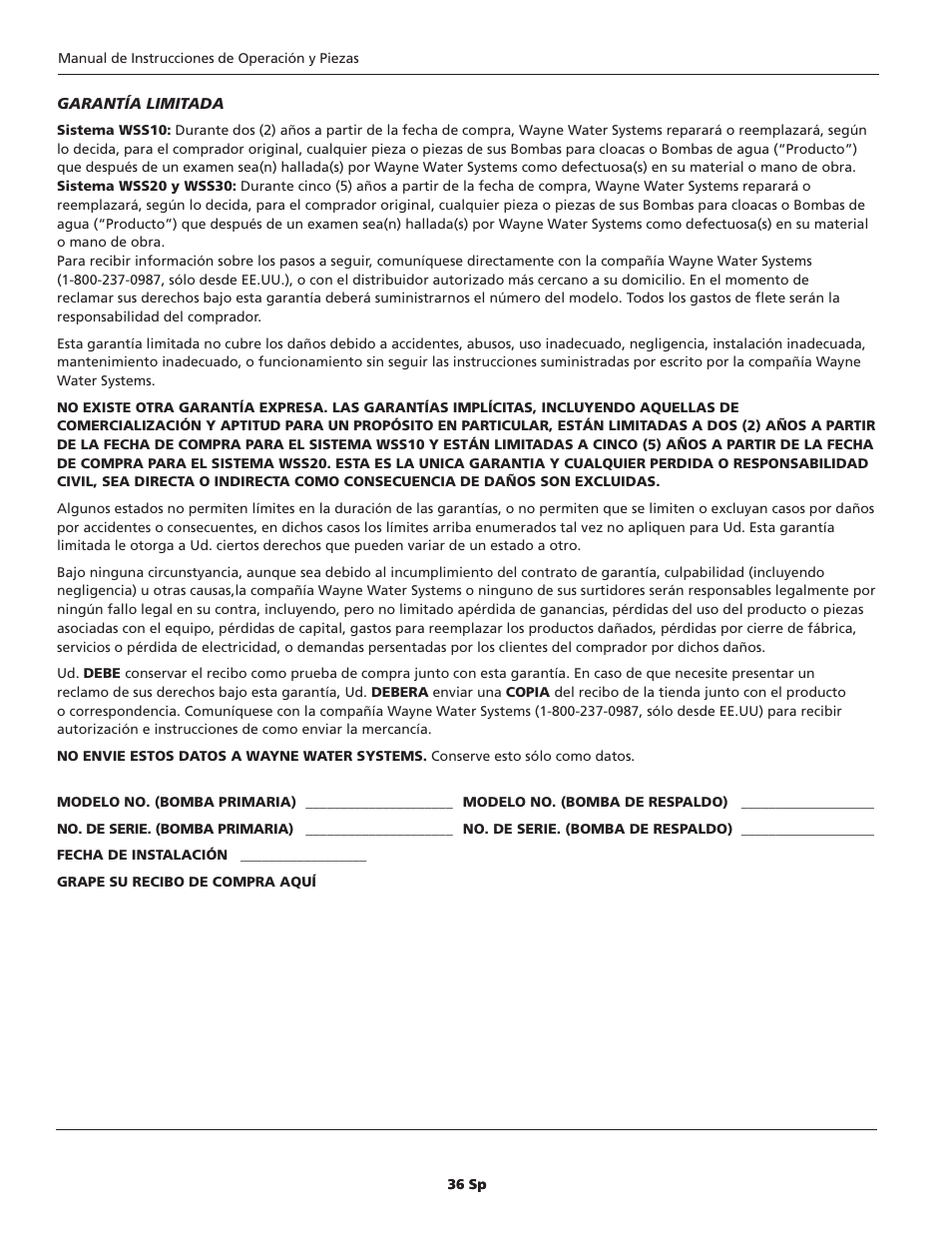 Wayne ESP25 User Manual | Page 36 / 36