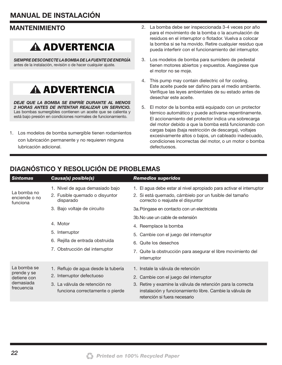 Manual de instalación, Mantenimiento, Diagnóstico y resolución de problemas | Wayne 200000-015 User Manual | Page 22 / 24