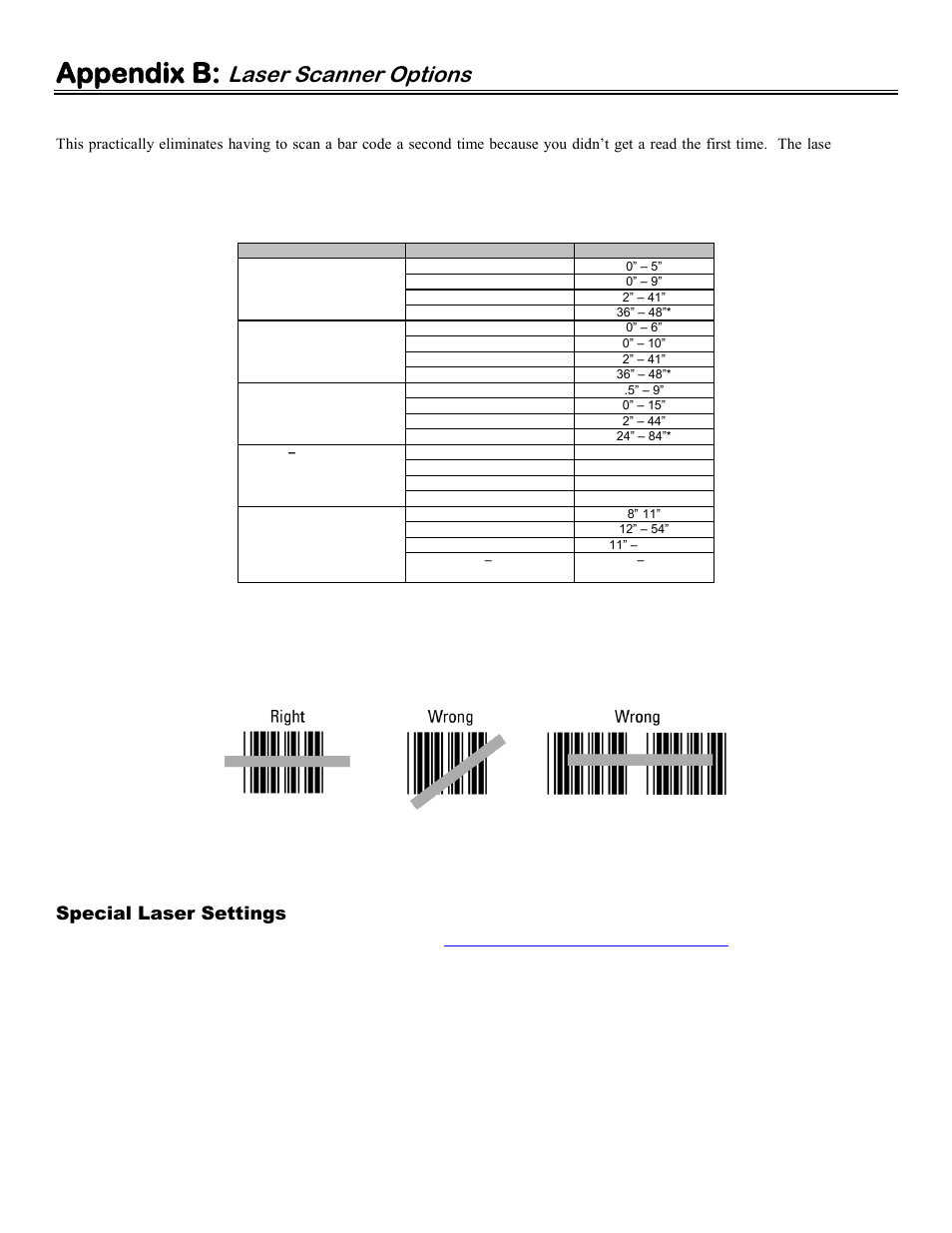 Appendix b: laser scanner options, Special laser settings, Appendix b | Laser scanner options | Worth Data 5000 User Manual | Page 101 / 126
