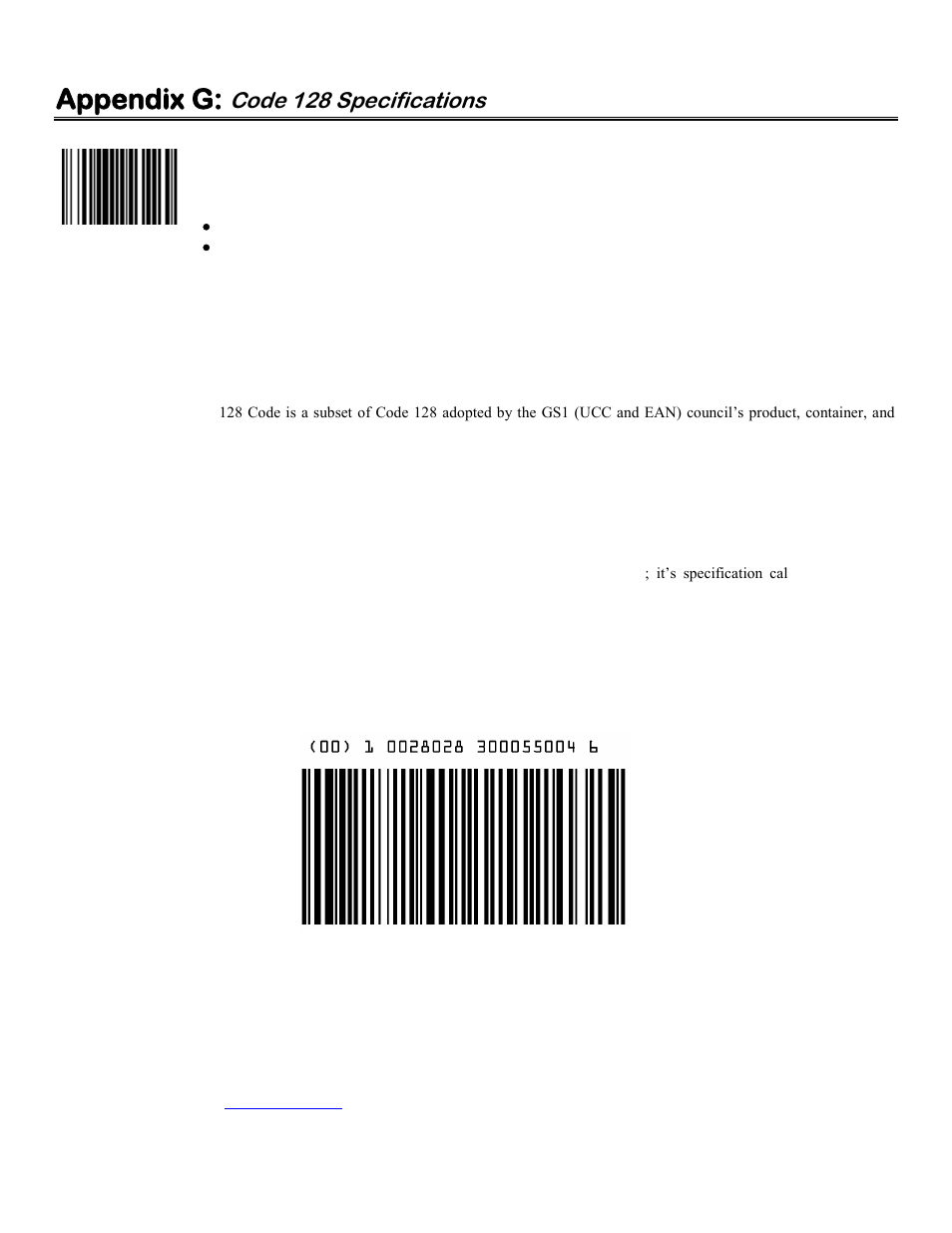 Appendix g: code 128 specifications, Gs1-128/ucc-128/ ean-128, Appendix g: code 128 | Appendix g, Code 128 specifications | Worth Data 5000 User Manual | Page 115 / 126