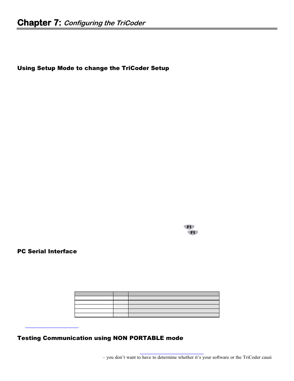 Chapter 7: configuring the tricoder, Using setup mode to change the tricoder setup, Pc serial interface | Testing communication using non portable mode, Chapter 7, Configuring the tricoder | Worth Data 5000 User Manual | Page 27 / 126