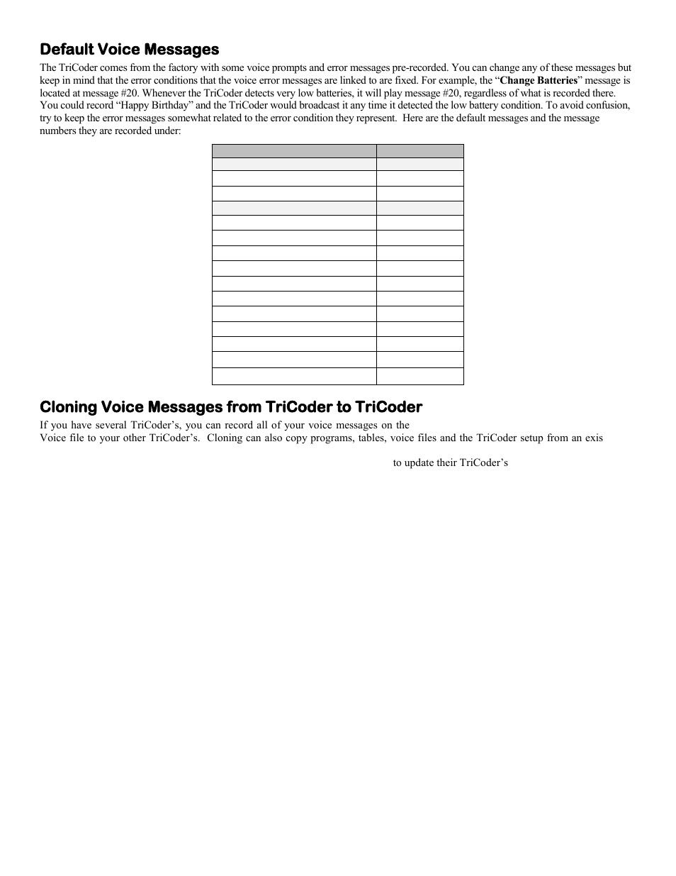 Default voice messages, Cloning voice messages from tricoder to tricoder, Chapter 13: tables | Worth Data 5000 User Manual | Page 81 / 126