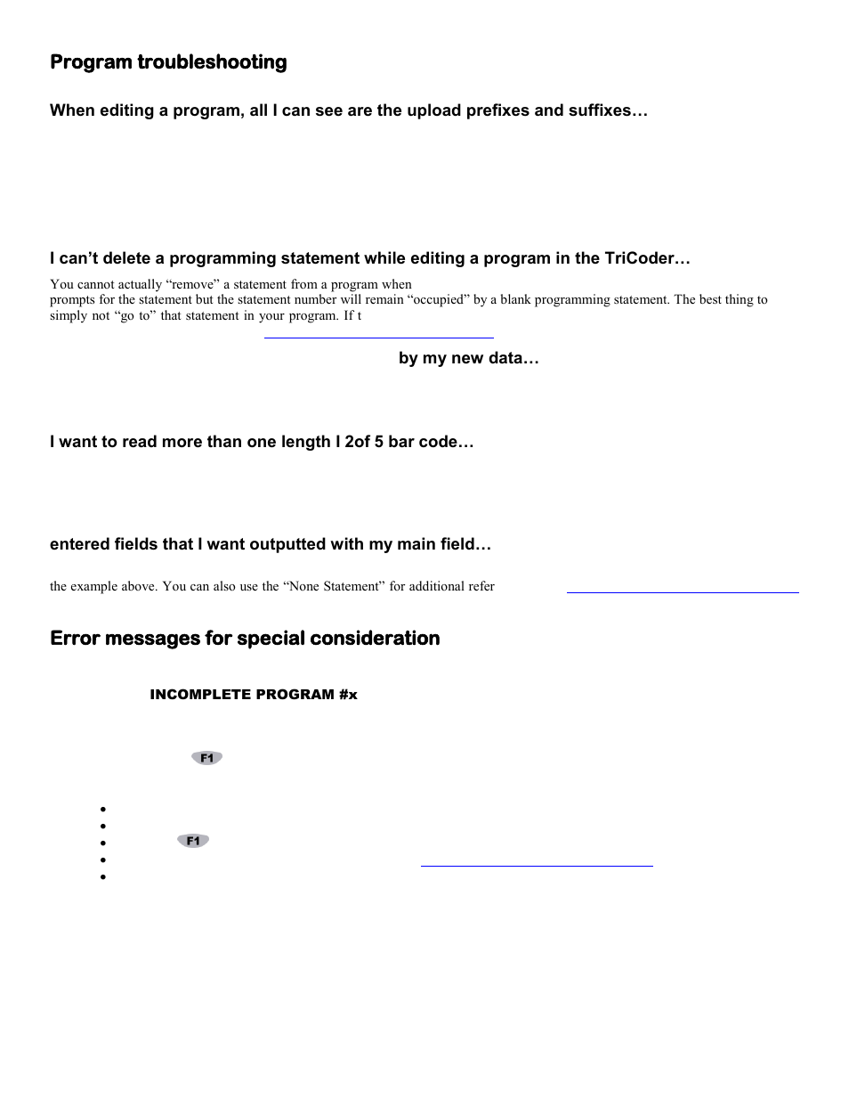 Program troubleshooting, Error messages for special consideration | Worth Data 5000 User Manual | Page 91 / 126