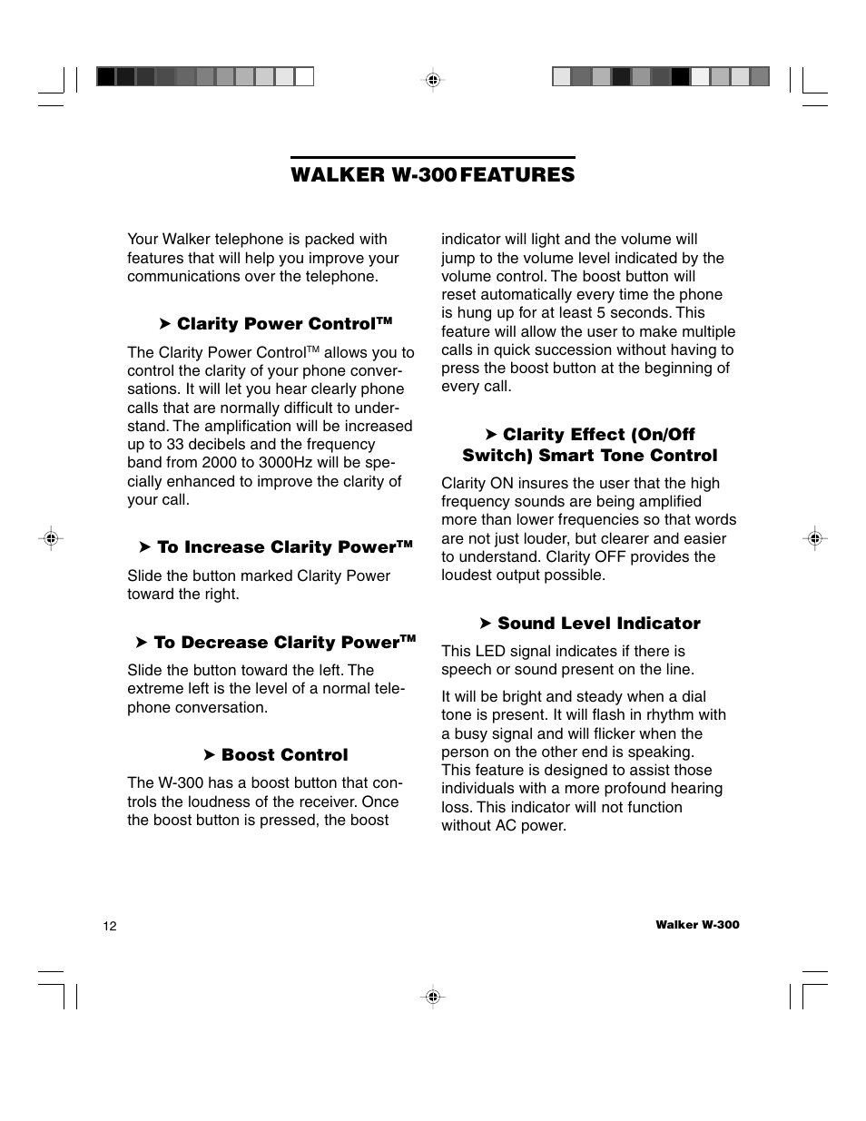 Walker w-300, Features | Walker W-300 User Manual | Page 12 / 80