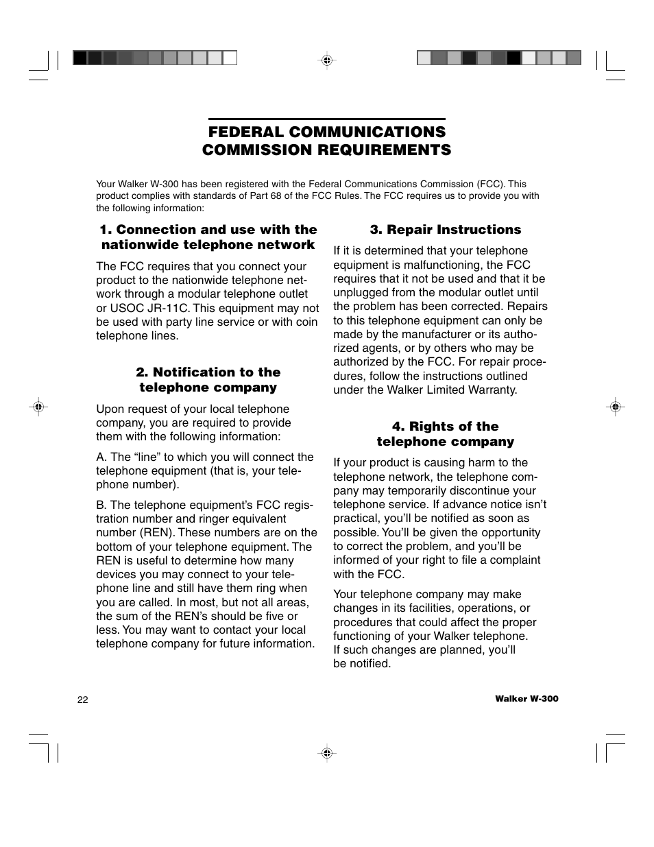 Federal communications commission requirements | Walker W-300 User Manual | Page 22 / 80
