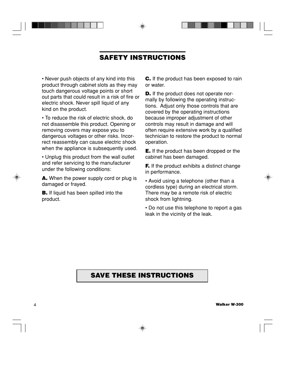 Safety instructions, Save these instructions | Walker W-300 User Manual | Page 4 / 80