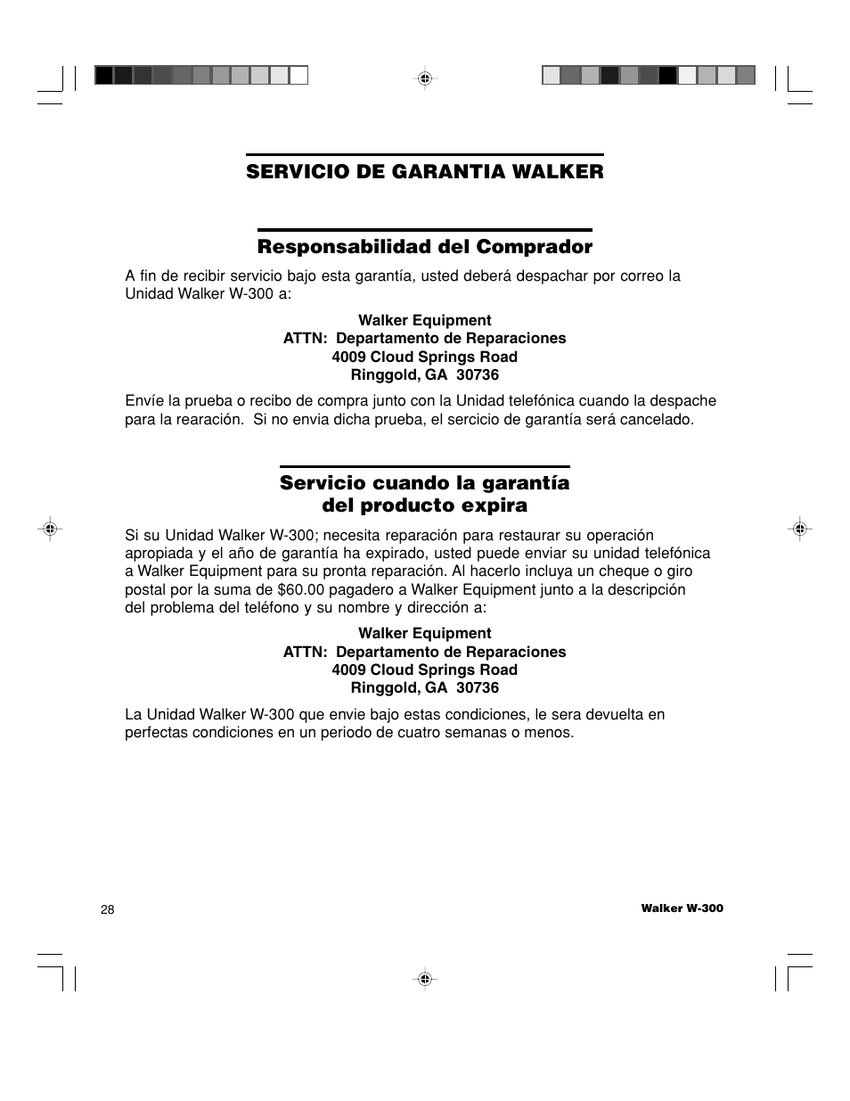 Responsabilidad del comprador, Servicio cuando la garantía del producto expira, Servicio de garantia walker | Walker W-300 User Manual | Page 54 / 80