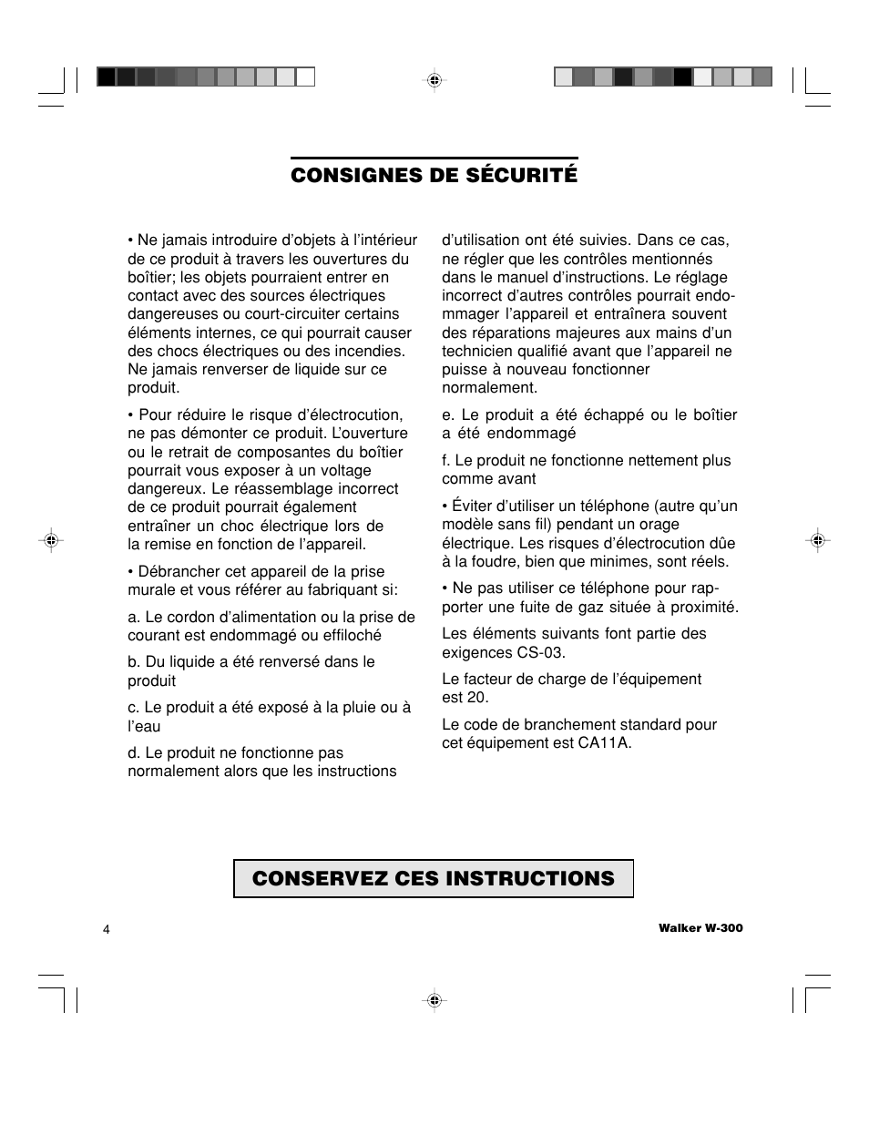 Conservez ces instructions, Consignes de sécurité | Walker W-300 User Manual | Page 58 / 80