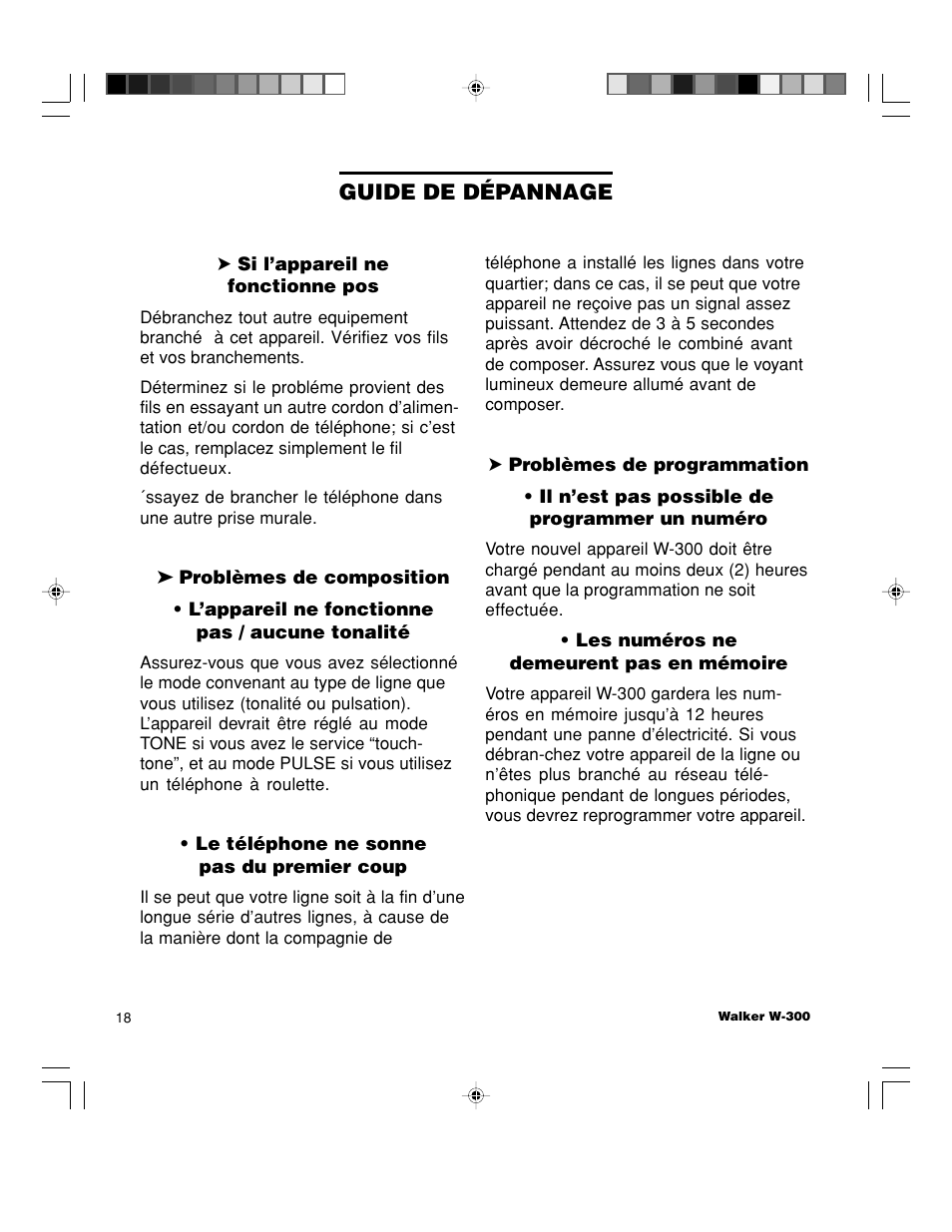 Guide de dépannage | Walker W-300 User Manual | Page 72 / 80