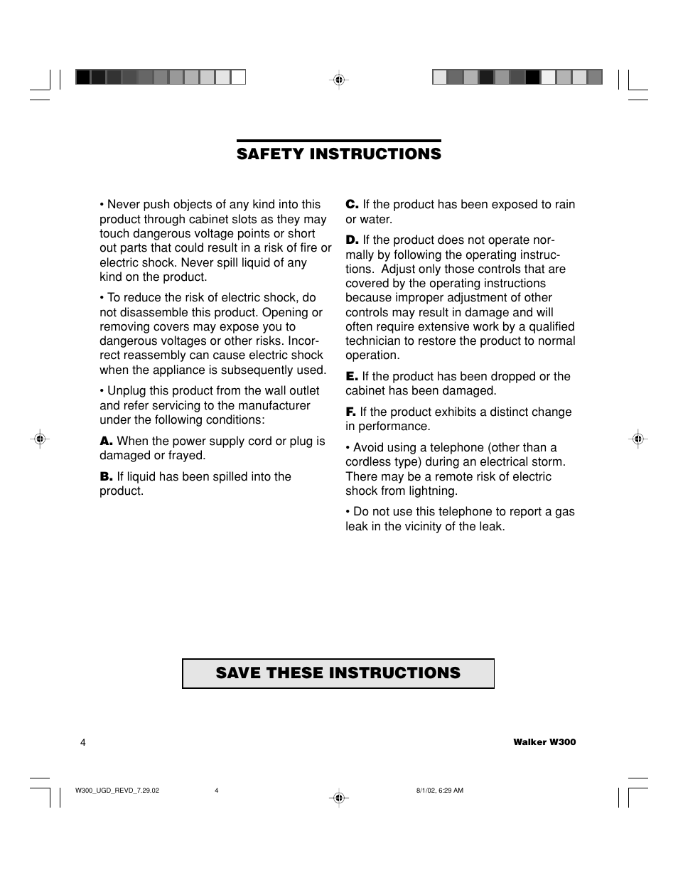 Safety instructions, Save these instructions | Walker W300 User Manual | Page 4 / 80