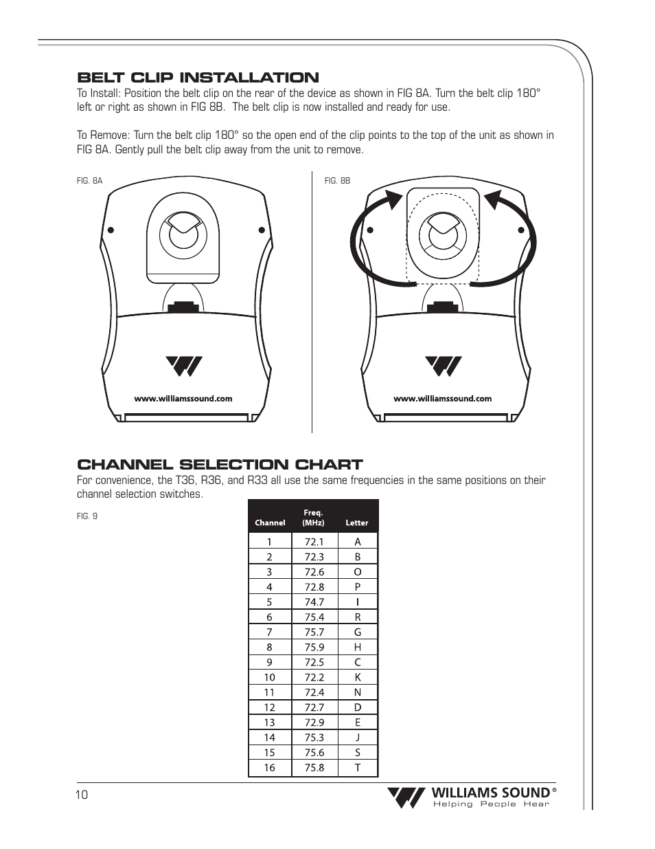 Belt clip installation, Channel selection chart | Williams Sound Transmitter T36 User Manual | Page 12 / 18