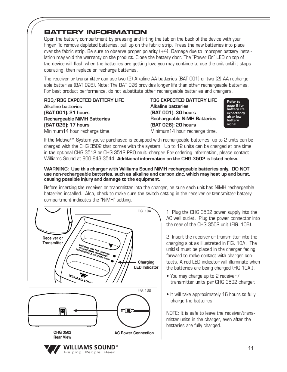 Battery information | Williams Sound Transmitter T36 User Manual | Page 13 / 18