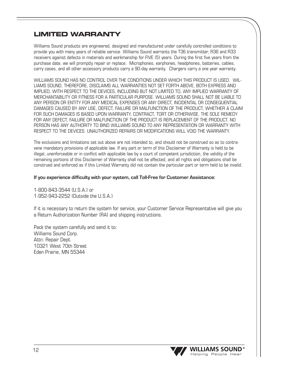 Limited warranty | Williams Sound Transmitter T36 User Manual | Page 14 / 18