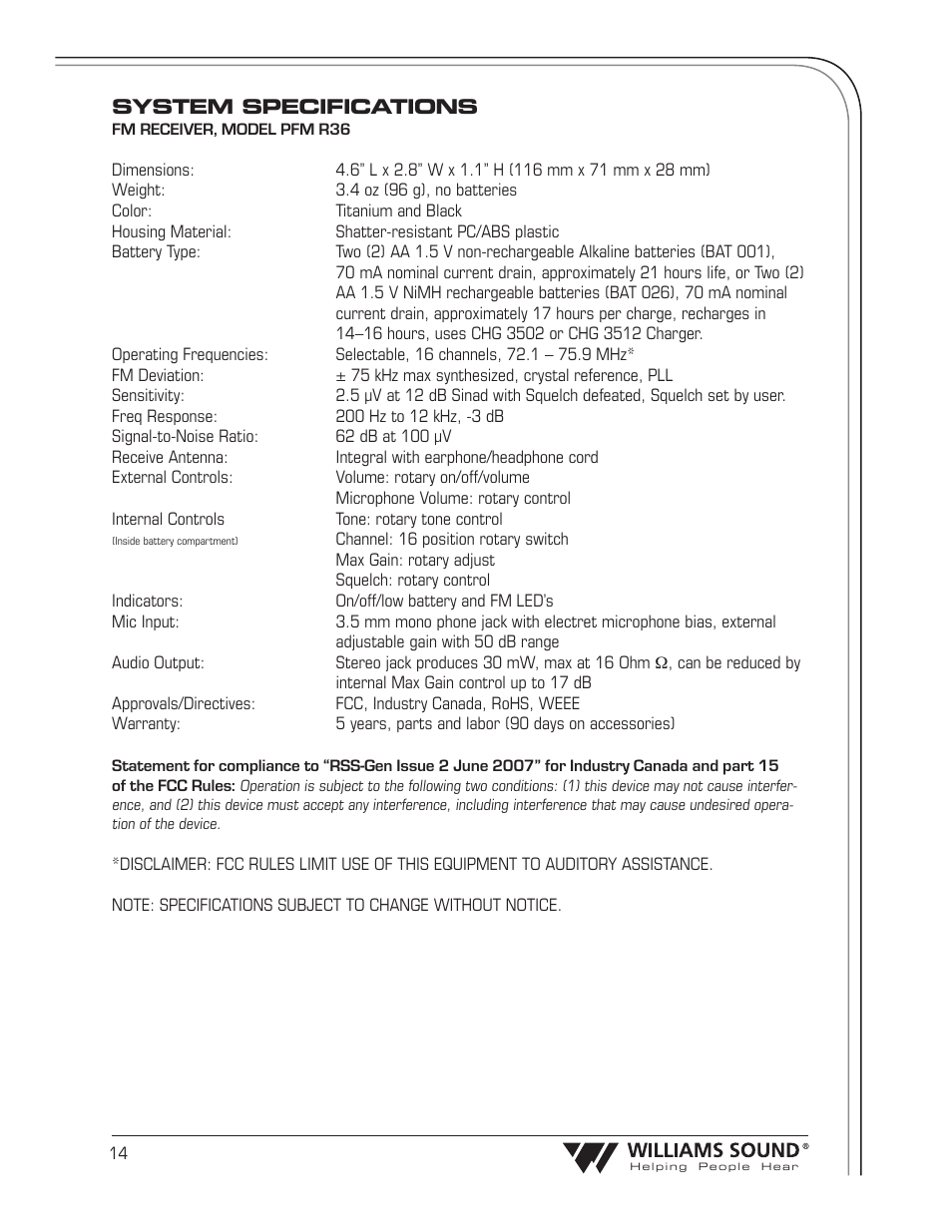 Williams Sound Transmitter T36 User Manual | Page 16 / 18
