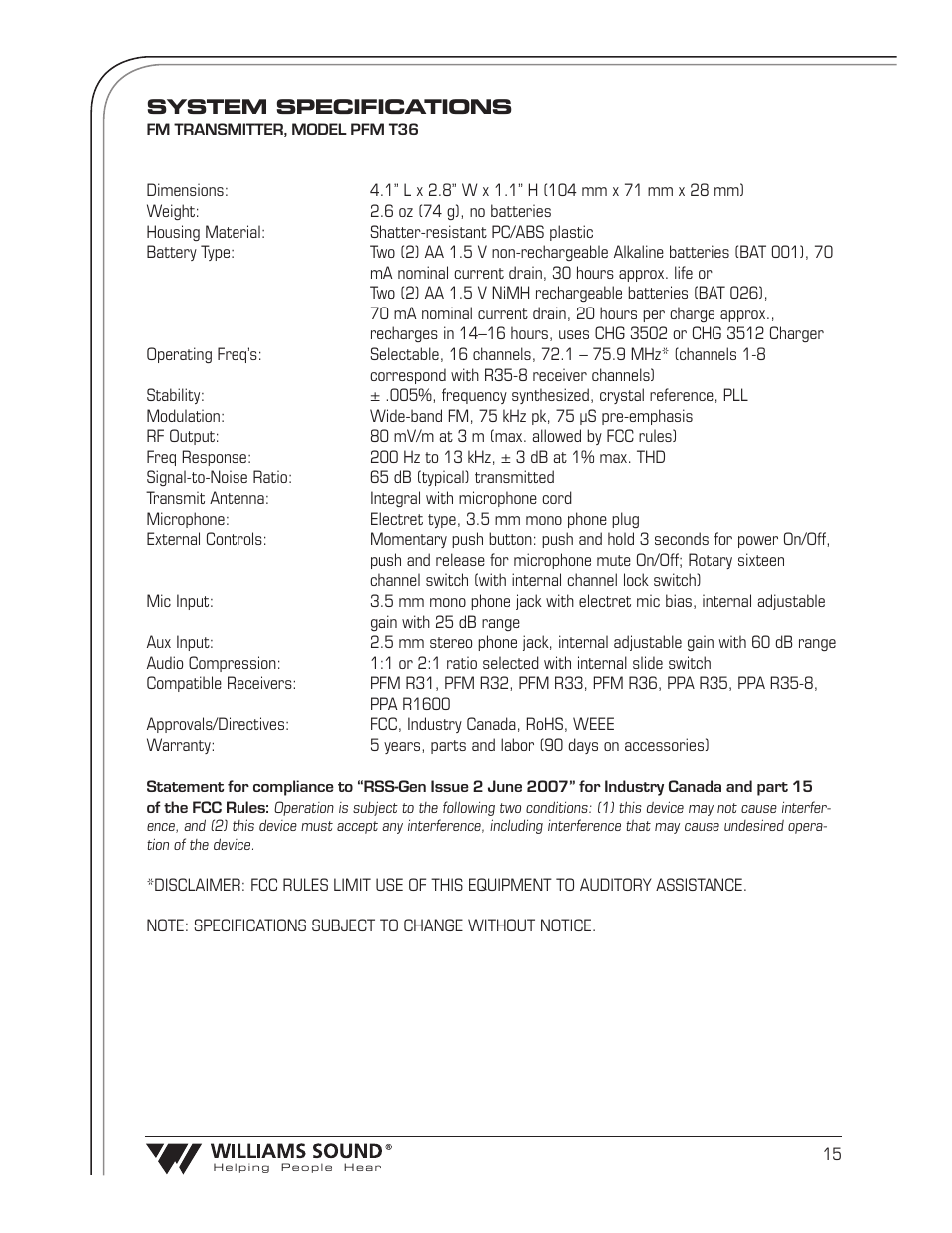 Williams Sound Transmitter T36 User Manual | Page 17 / 18