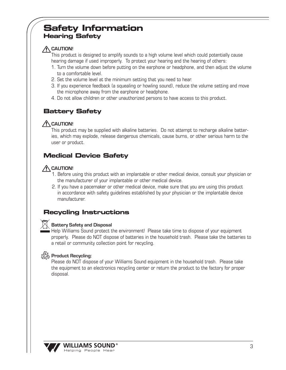 Safety information | Williams Sound Transmitter T36 User Manual | Page 5 / 18