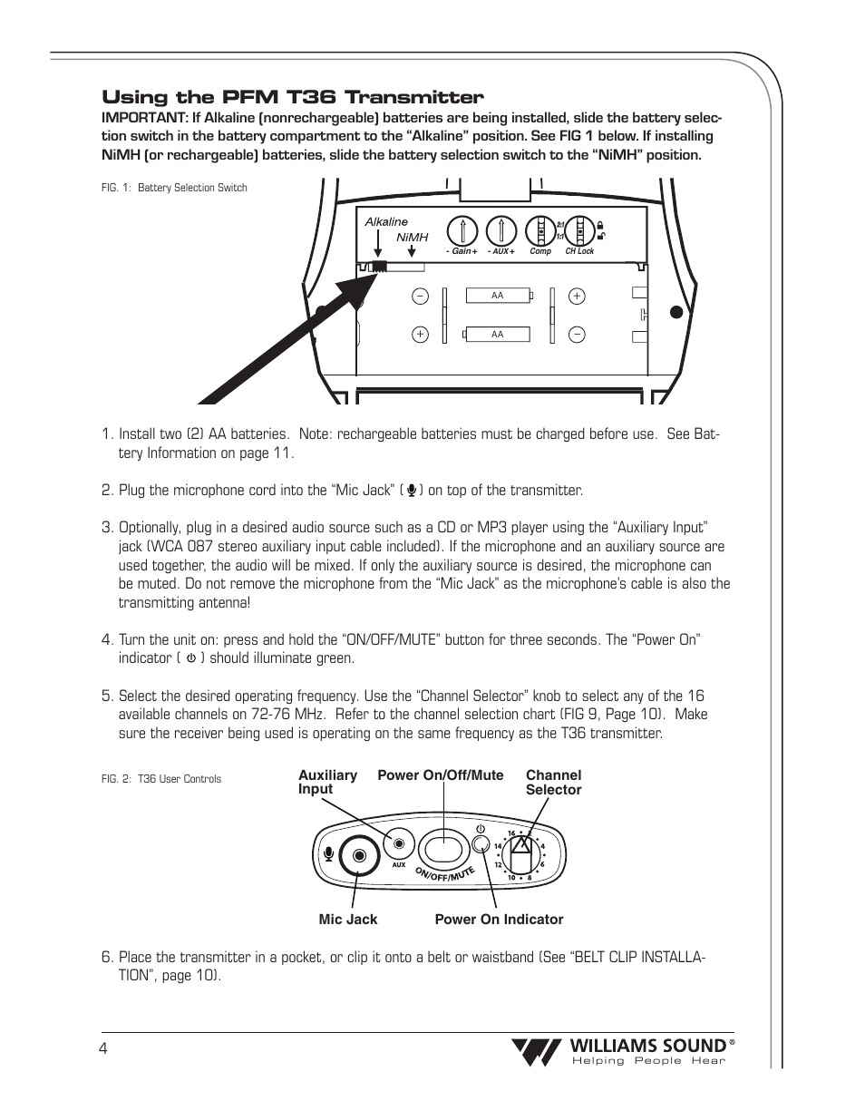 Using the pfm t36 transmitter | Williams Sound Transmitter T36 User Manual | Page 6 / 18