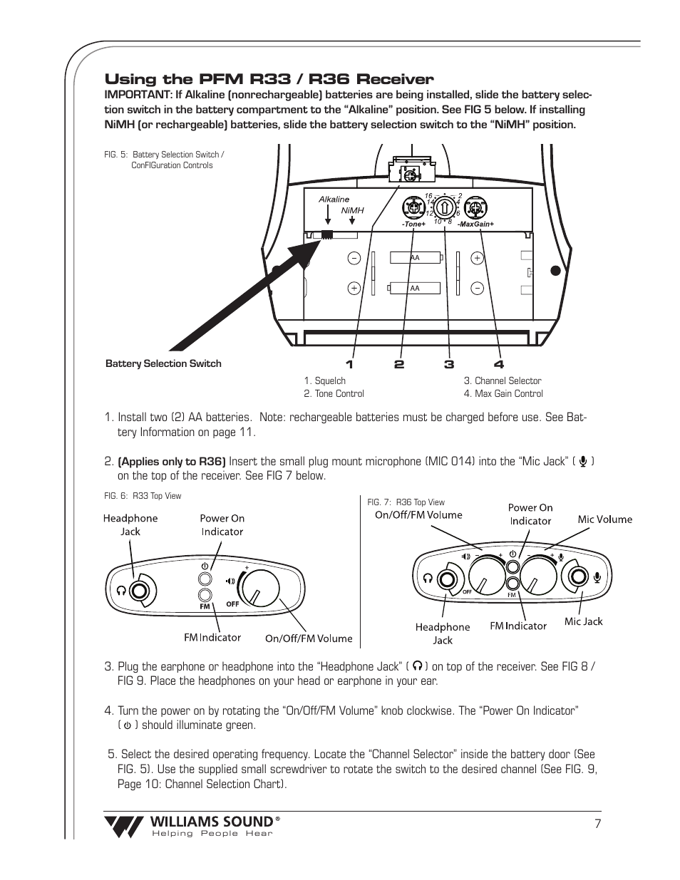 Using the pfm r33 / r36 receiver | Williams Sound Transmitter T36 User Manual | Page 9 / 18