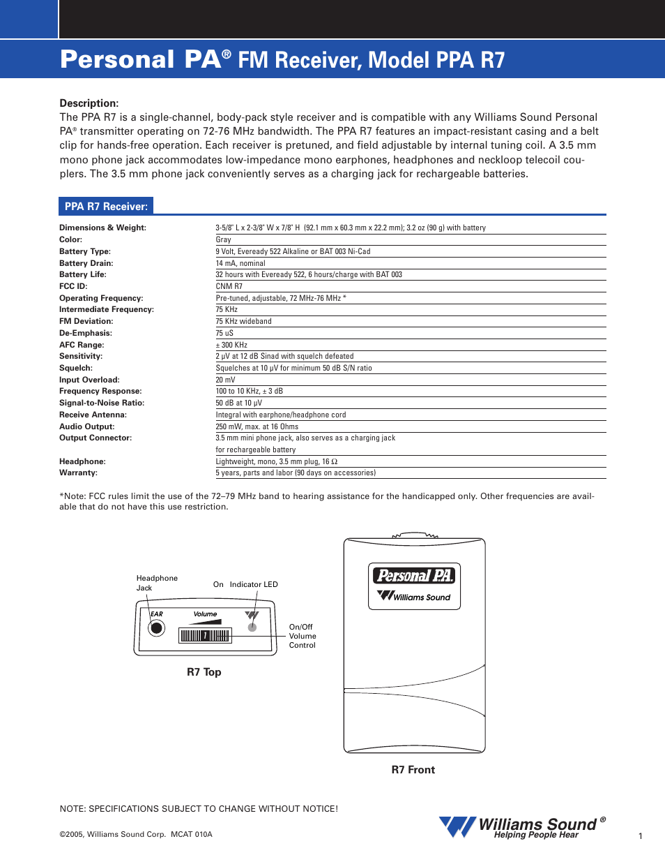 Williams Sound PPA R7 User Manual | 3 pages