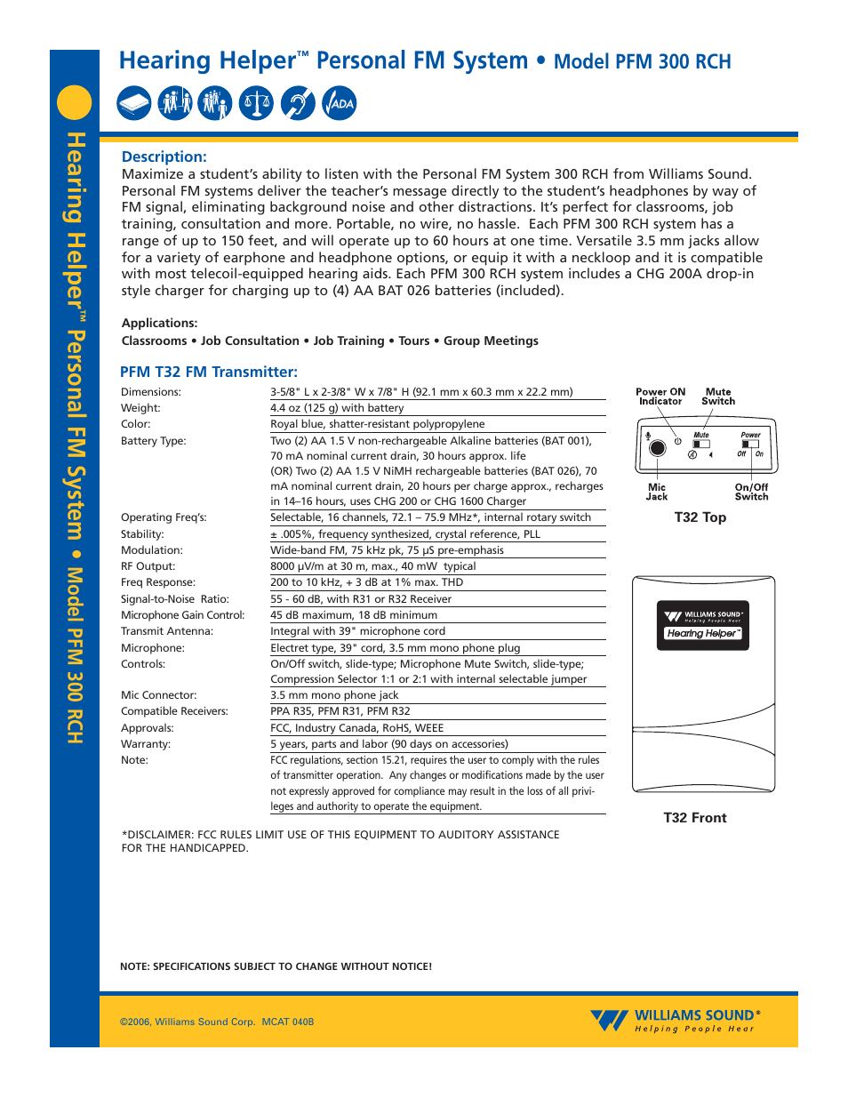 Williams Sound PFM 300 RCH User Manual | 4 pages