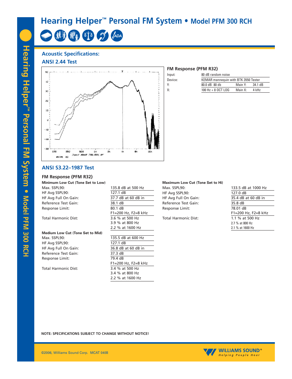 Hearing helper, Personal fm system, Model pfm 300 rch | Acoustic specifications: ansi 2.44 test | Williams Sound PFM 300 RCH User Manual | Page 3 / 4