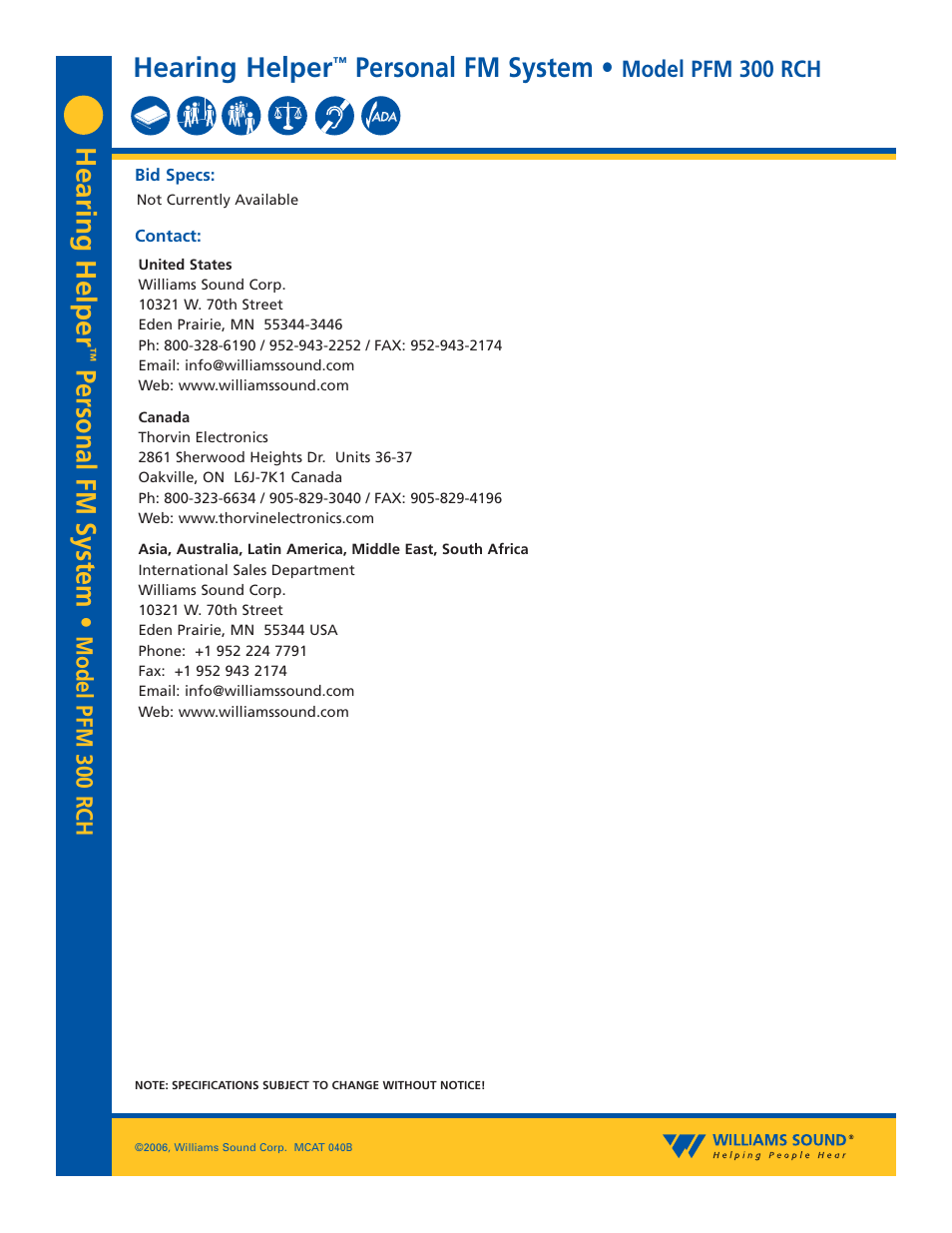 Hearing helper, Personal fm system, Model pfm 300 rch | Williams Sound PFM 300 RCH User Manual | Page 4 / 4