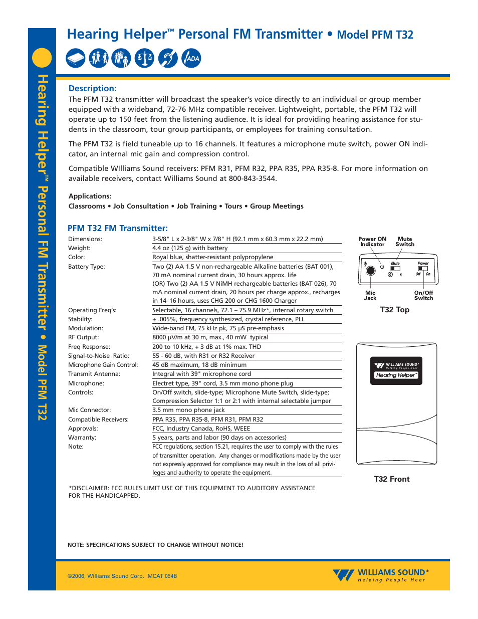Williams Sound PFM T32 User Manual | 2 pages
