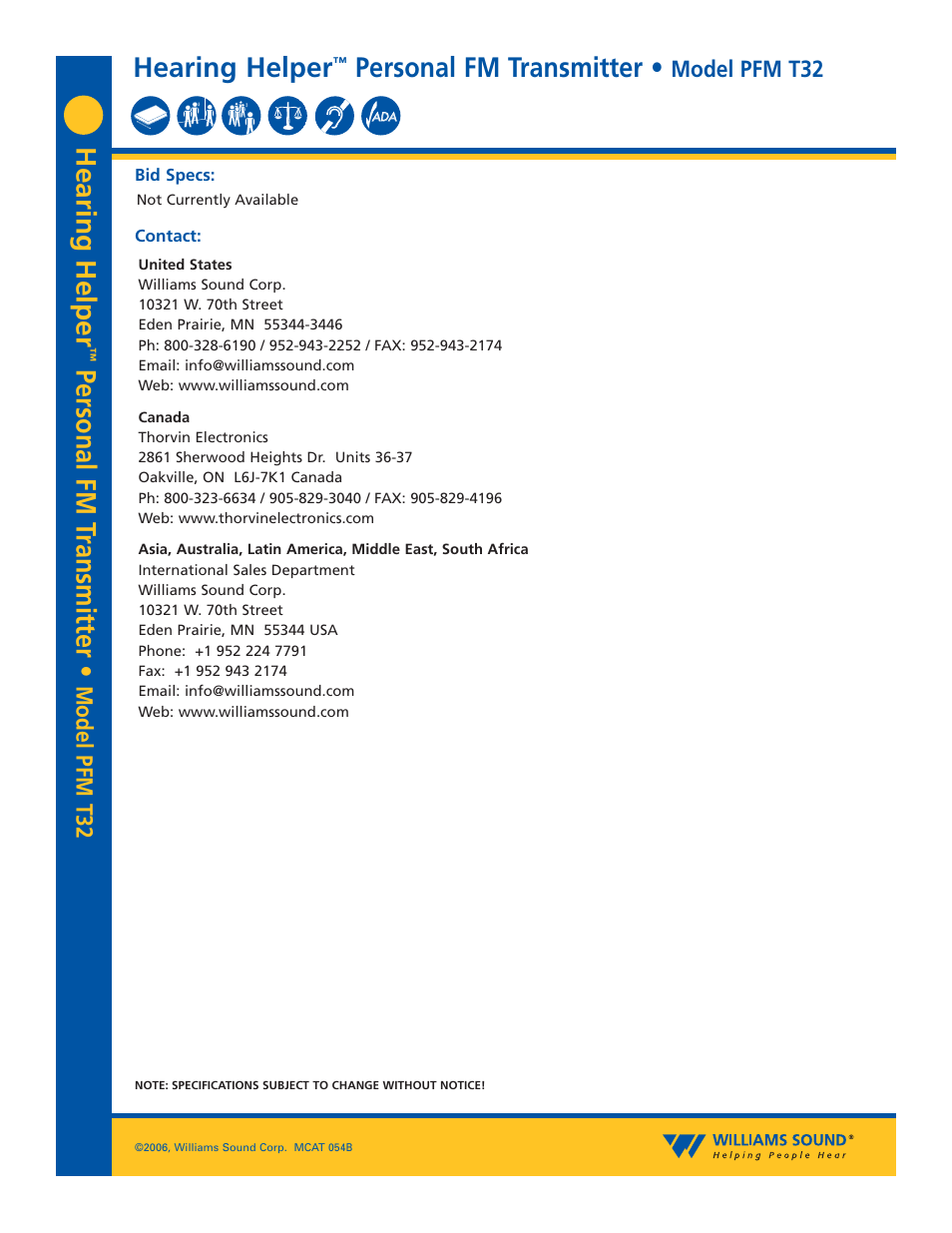 Hearing helper, Personal fm t ransmitter, Personal fm transmitter | Model pfm t32 | Williams Sound PFM T32 User Manual | Page 2 / 2