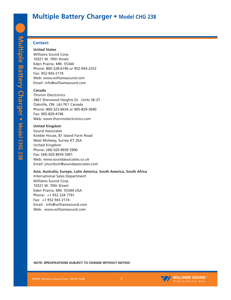 Multiple battery charger, Model chg 238 | Williams Sound CHG 238 User Manual | Page 2 / 2