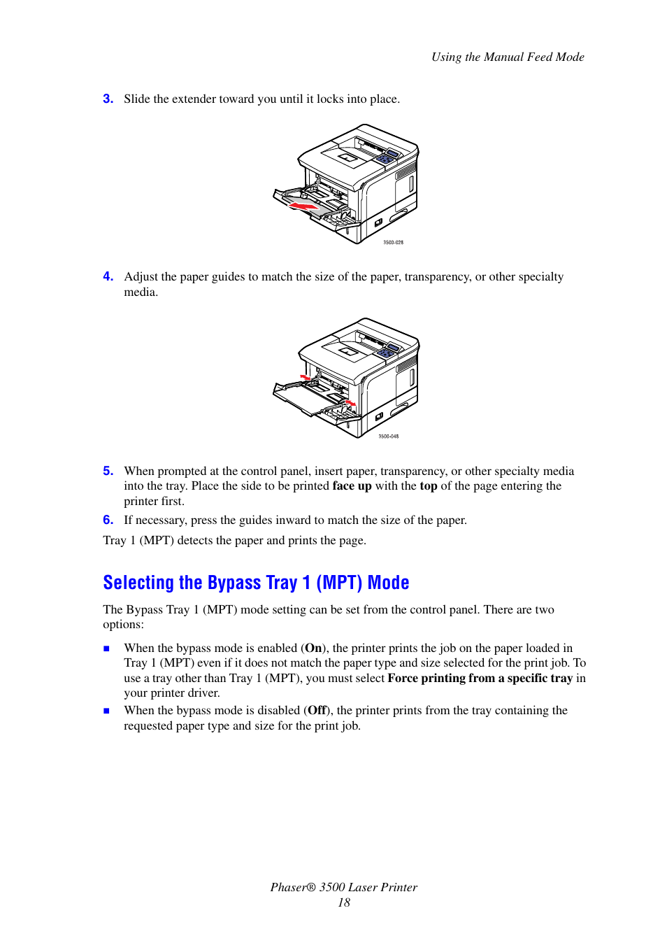 Selecting the bypass tray 1 (mpt) mode | Xerox Laser Printer 3500 User Manual | Page 23 / 59