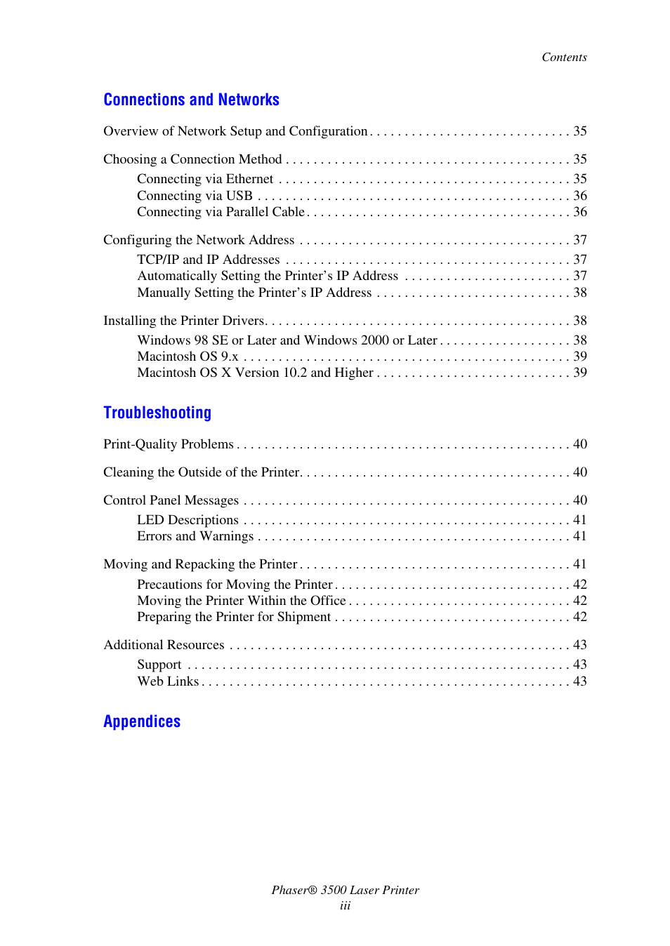 Connections and networks, Troubleshooting, Appendices | Xerox Laser Printer 3500 User Manual | Page 5 / 59