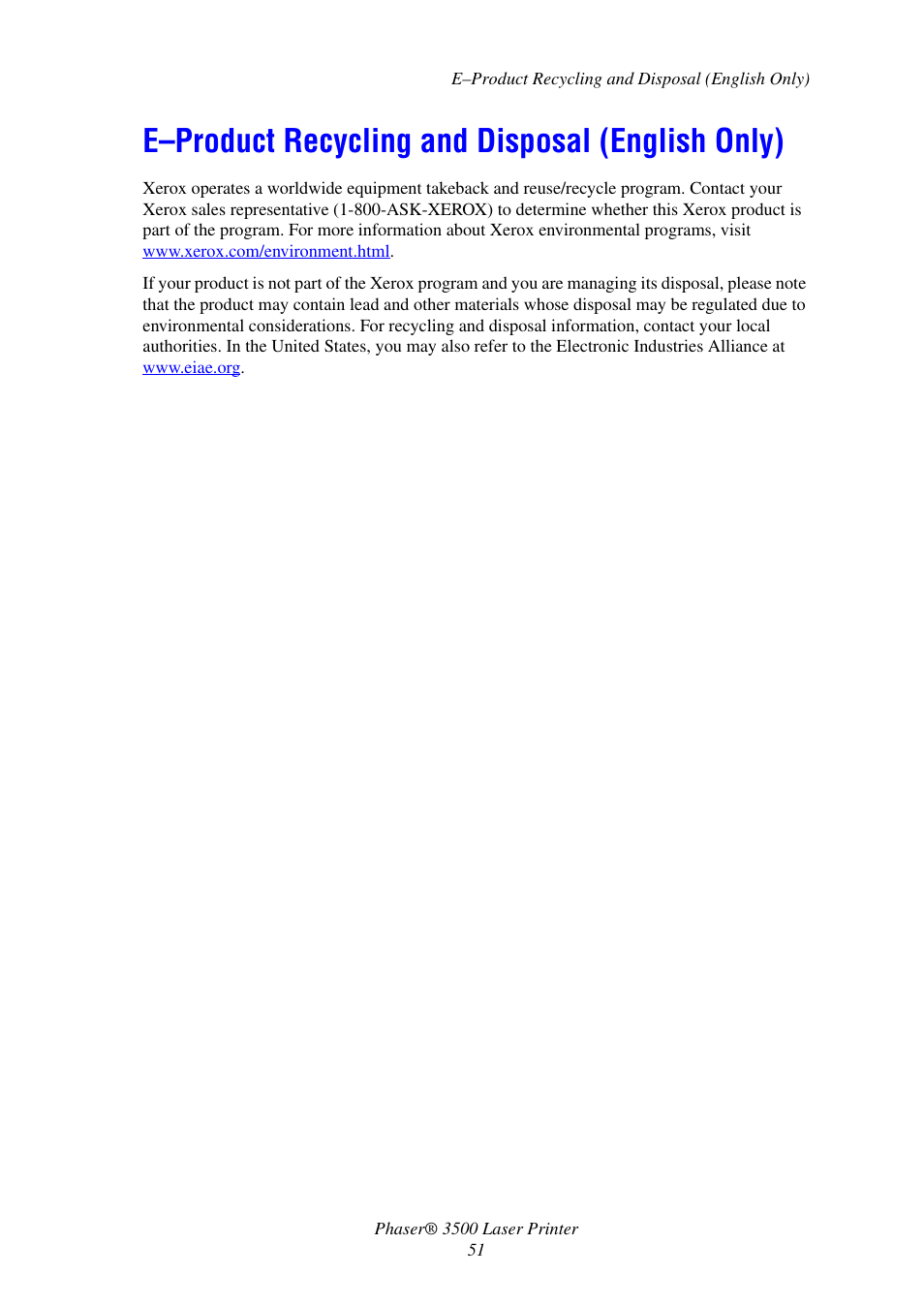 E-product recycling and disposal (english only), E–product recycling and disposal (english only) | Xerox Laser Printer 3500 User Manual | Page 56 / 59